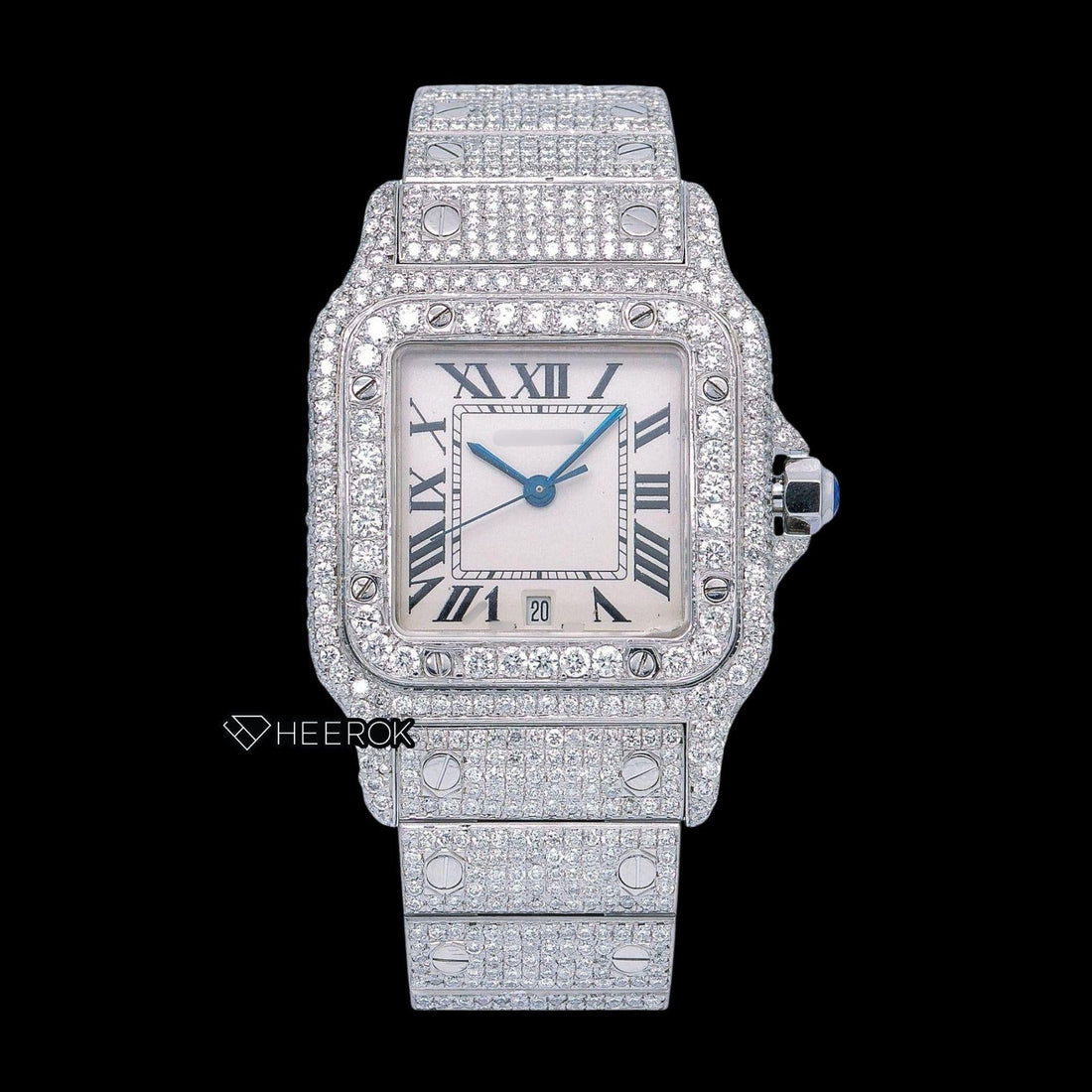 Cartier Santos White Dial Roman Numerals Diamond Bezel Bust Down Moissanite Diamond Watch For Women Front View.