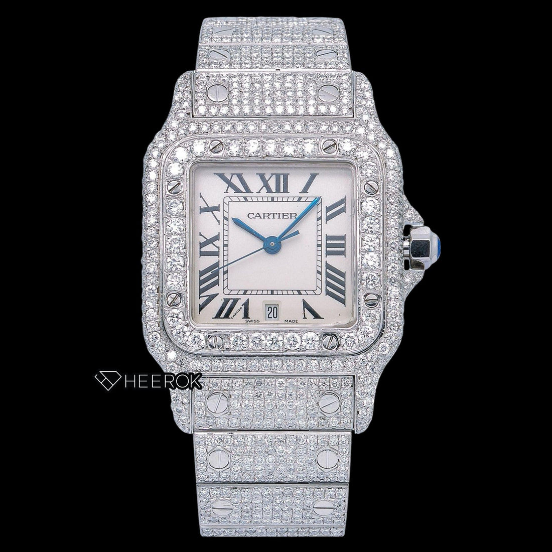 Cartier Santos White Dial Roman Numerals Diamond Bezel Bust Down Moissanite Diamond Watch For Women Front View