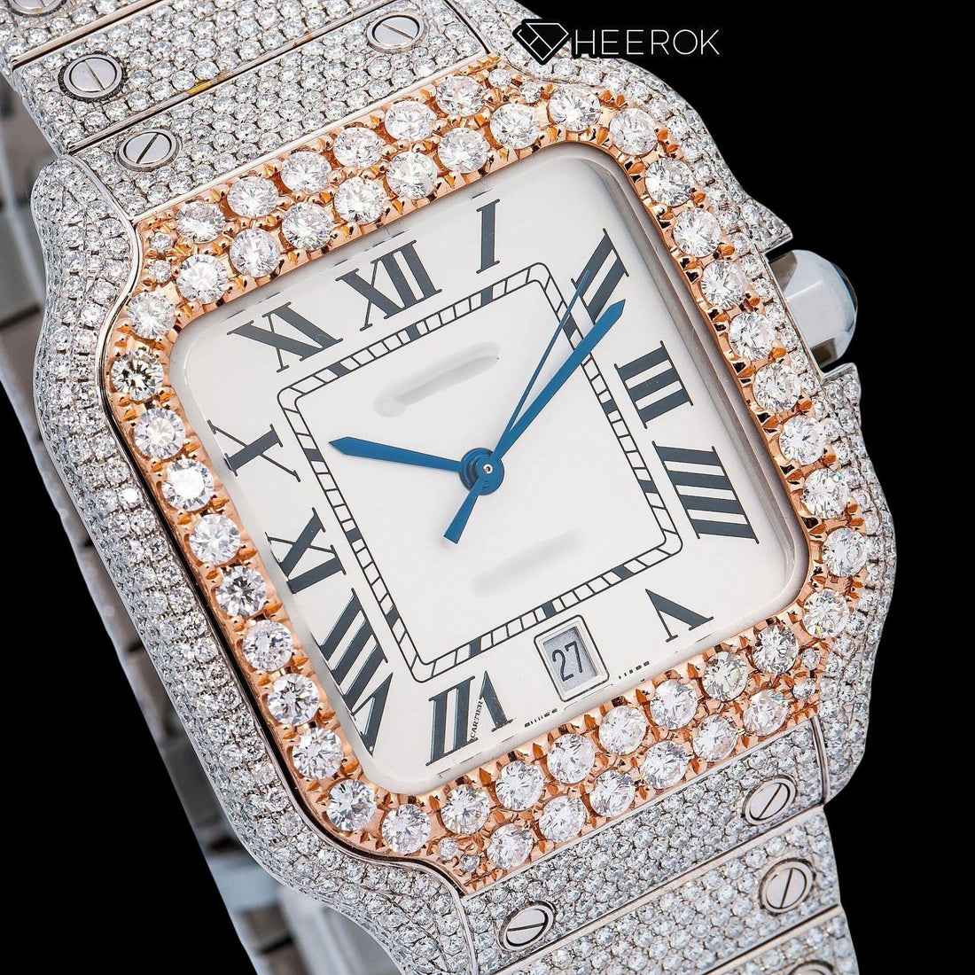 Cartier Santos White Dial Roman Numerals Diamond Bezel Fully Iced Out Moissanite Diamond Watch Front View.