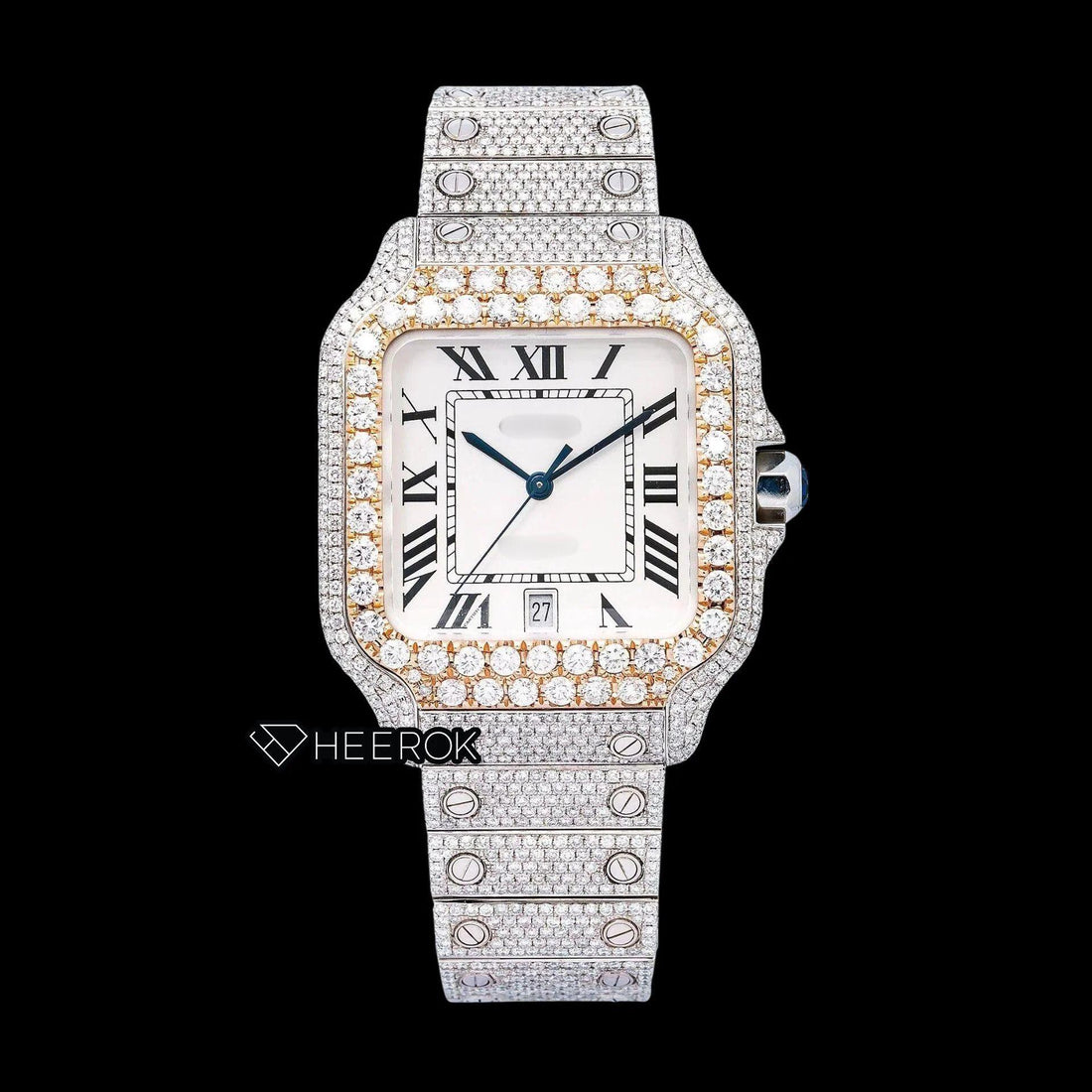 Cartier Santos White Dial Roman Numerals Diamond Bezel Fully Iced Out Moissanite Diamond Watch Front View.