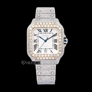 Cartier Santos White Dial Roman Numerals Diamond Bezel Fully Iced Out Moissanite Diamond Watch Front View.