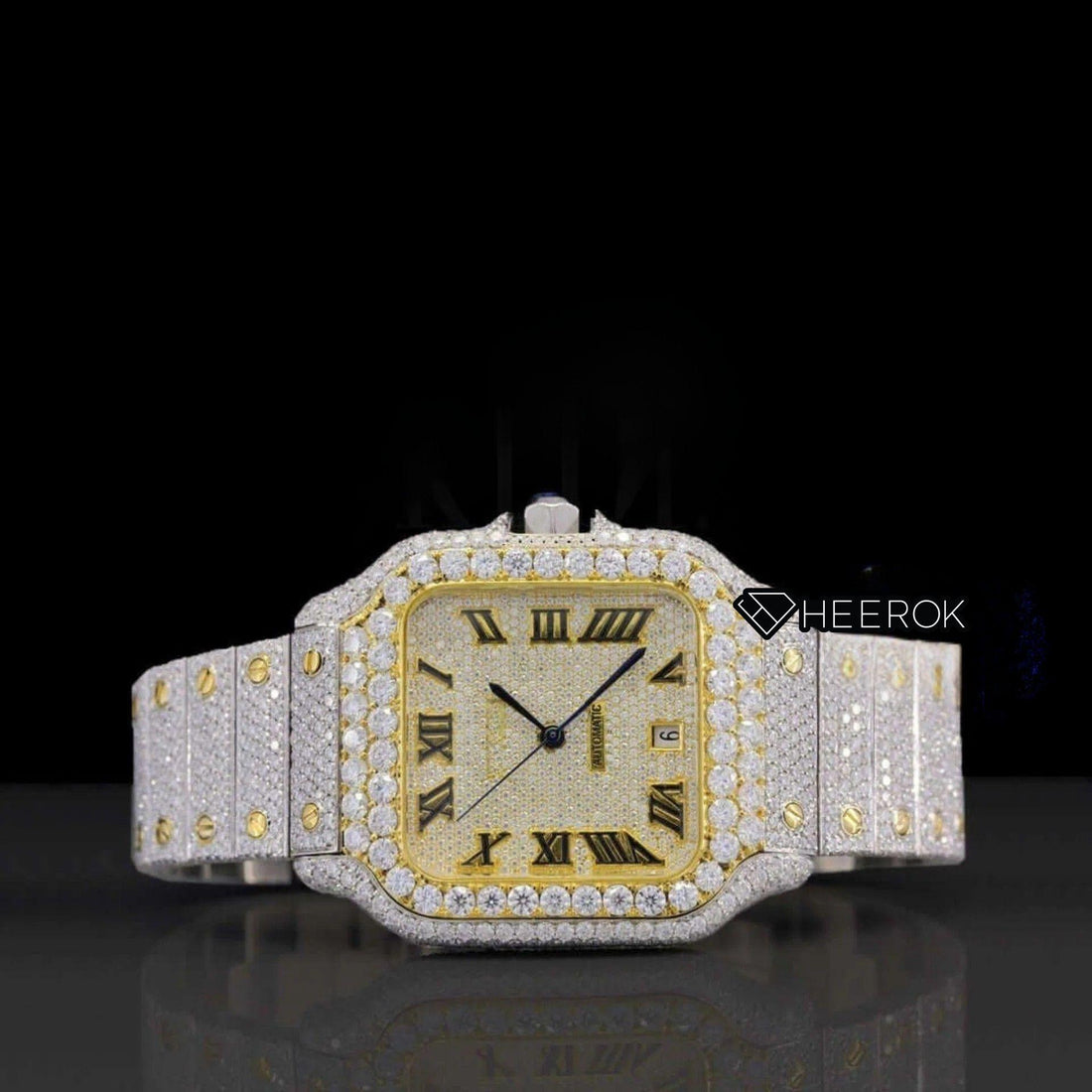 Cartier Santos Yellow Dial Black Roman Numerals Diamond Bezel Fully Iced Moissanite Diamond Front View