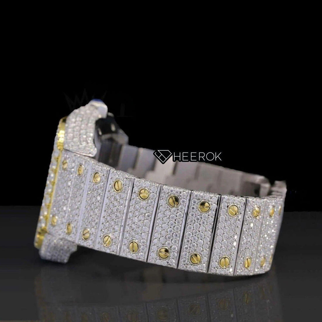 Cartier Santos Yellow Dial Black Roman Numerals Diamond Bezel Fully Iced Moissanite Diamond Front View.