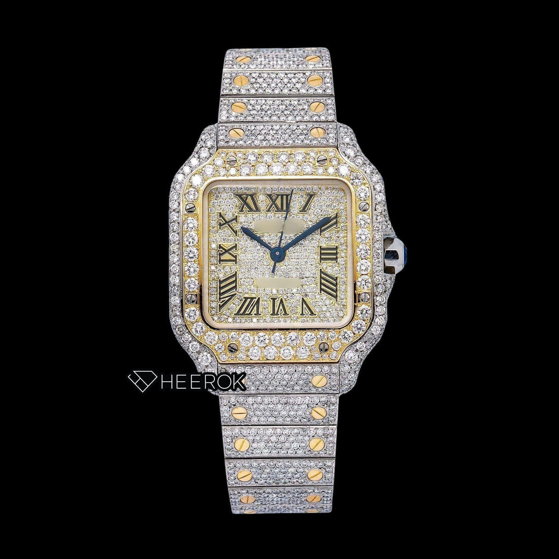 Cartier Santos Yellow Dial Black Roman Numerals Diamond Bezel Two Tone Yellow Gold Fully Iced Moissanite Diamond Watch For Women Front View.