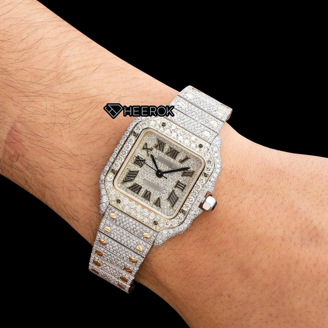 Cartier Santos Yellow Dial Black Roman Numerals Diamond Bezel Two Tone Yellow Gold Fully Iced Moissanite Diamond Watch For Women Front View.