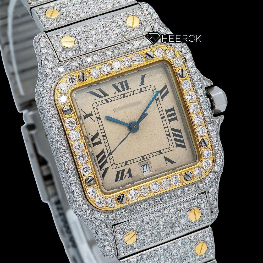 Cartier Santos Yellow Dial Roman Numerals Diamond Bezel Fully Iced Two Tone Moissanite Diamond Watch For Women Front View.
