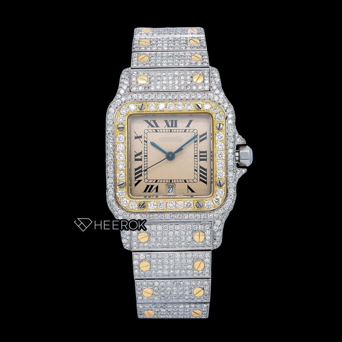 Cartier Santos Yellow Dial Roman Numerals Diamond Bezel Fully Iced Two Tone Moissanite Diamond Watch For Women Front View.