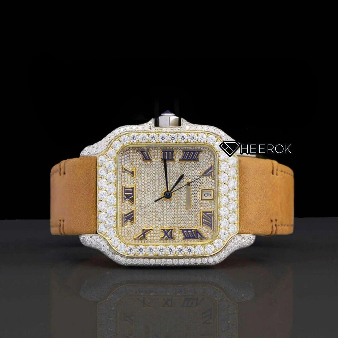 Cartier Santos Yellow Dial Roman Numerals Diamond Bezel Moissanite Diamond Brown Leather Strap Front View.