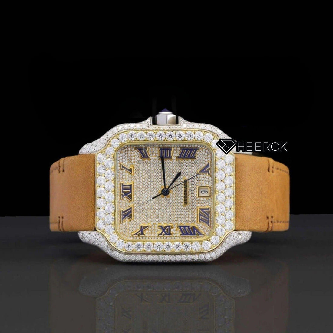 Cartier Santos Yellow Dial Roman Numerals Diamond Bezel Moissanite Diamond Brown Leather Strap  Front View