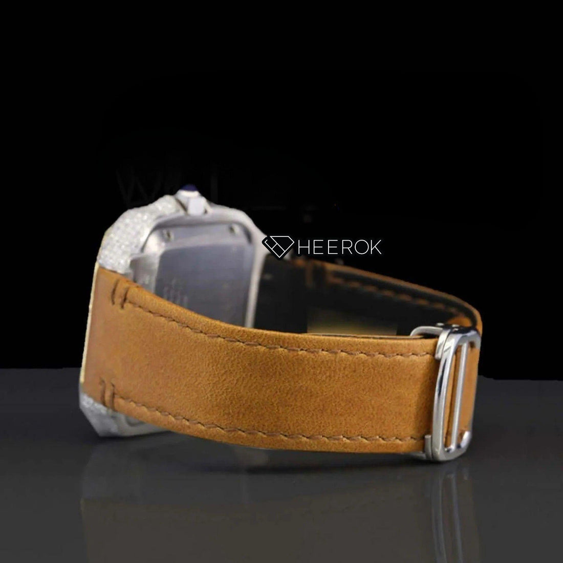 Cartier Santos Yellow Dial Roman Numerals Diamond Bezel Moissanite Diamond Brown Leather Strap  Front View