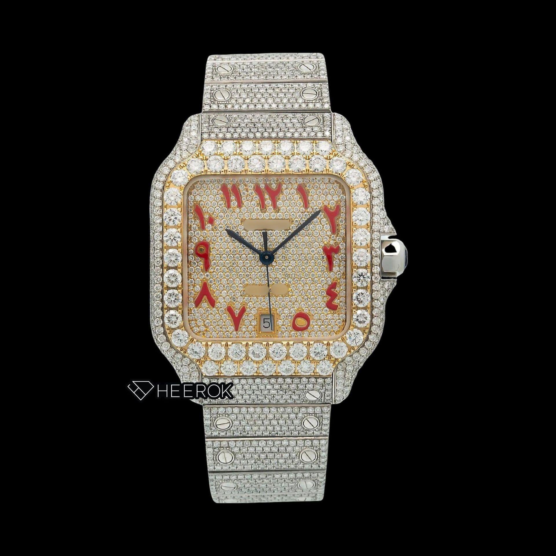 Cartier Santos Yellow Gold Dial Red Arabic Numerals Diamond Bezel Bust ...