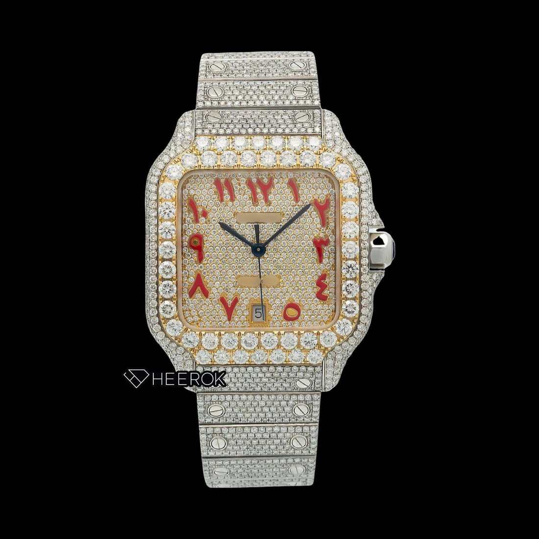 Cartier Santos Yellow Gold Dial Red Arabic Numerals Diamond Bezel Bust Down Moissanite Diamond Watch Front View.