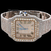 Cartier Santos Yellow Gold Full Pave Dial Roman Numerals Diamond Bezel Fully Iced Moissanite Diamond Watch Front View.