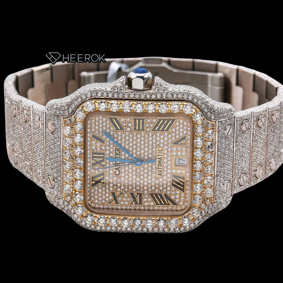 Cartier Santos Yellow Gold Full Pave Dial Roman Numerals Diamond Bezel Fully Iced Moissanite Diamond Watch Front View