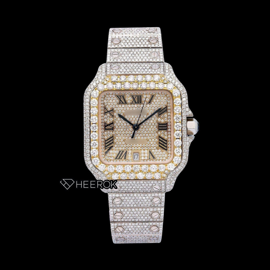 Cartier Santos Yellow Gold Full Pave Dial Roman Numerals Diamond Bezel Fully Iced Moissanite Diamond Watch Front View.