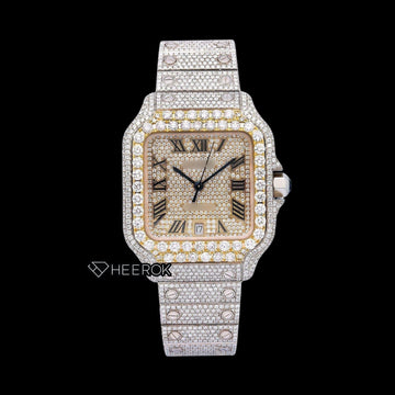 Cartier Santos Yellow Gold Full Pave Dial Roman Numerals Diamond Bezel Fully Iced Moissanite Diamond Watch Front View.