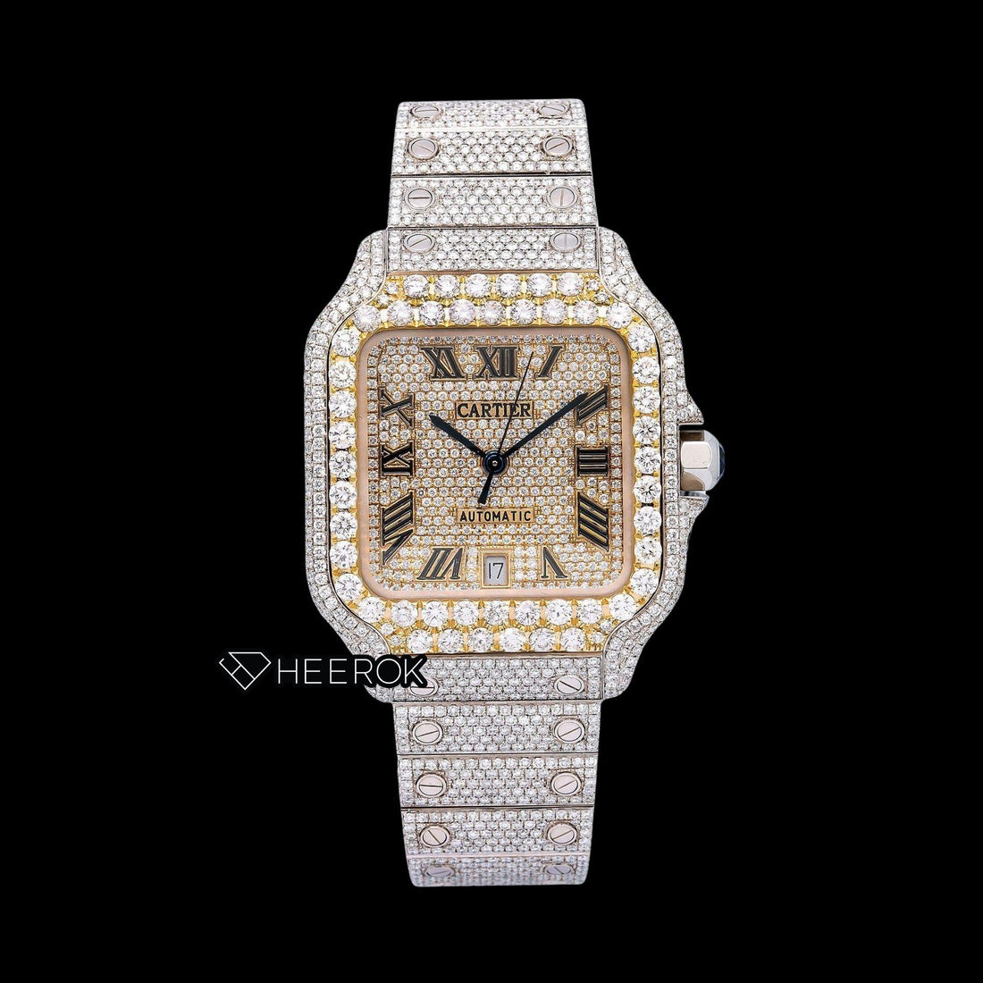 Cartier Santos Yellow Gold Full Pave Dial Roman Numerals Diamond Bezel Fully Iced Moissanite Diamond Watch Front View