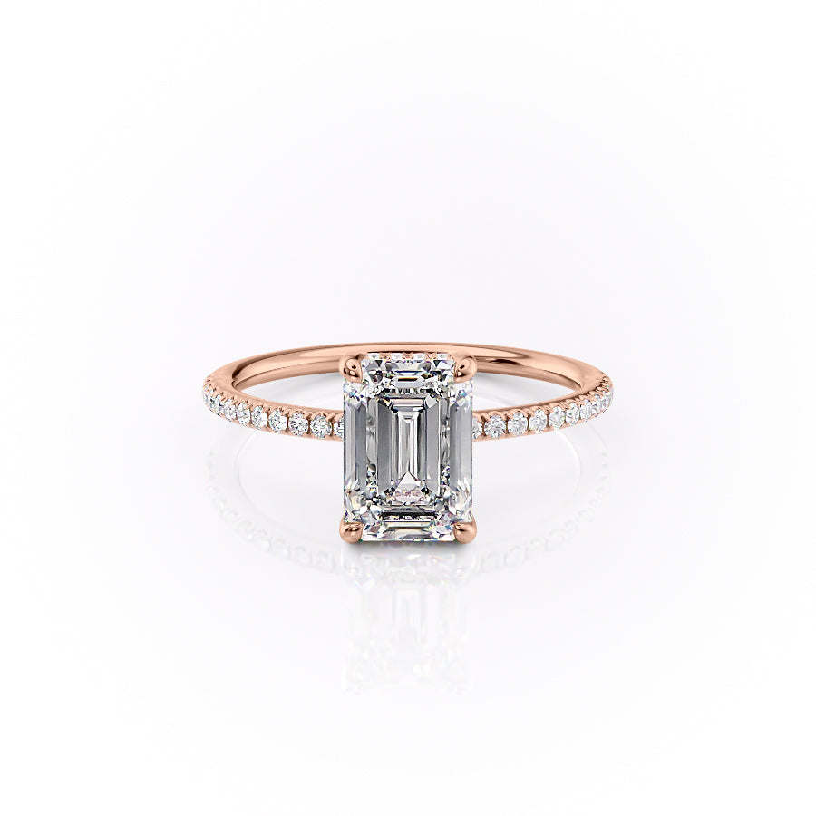 Cascade Steps 1.86 Carat VVS Lab-Grown Emerald Hidden Halo Pave Engagement Ring in 18K Rose Gold Front View 