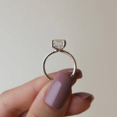 Cascade Steps 1.86 Carat VVS Lab-Grown Emerald Hidden Halo Pave Engagement Ring in 18K White Gold Hand View 