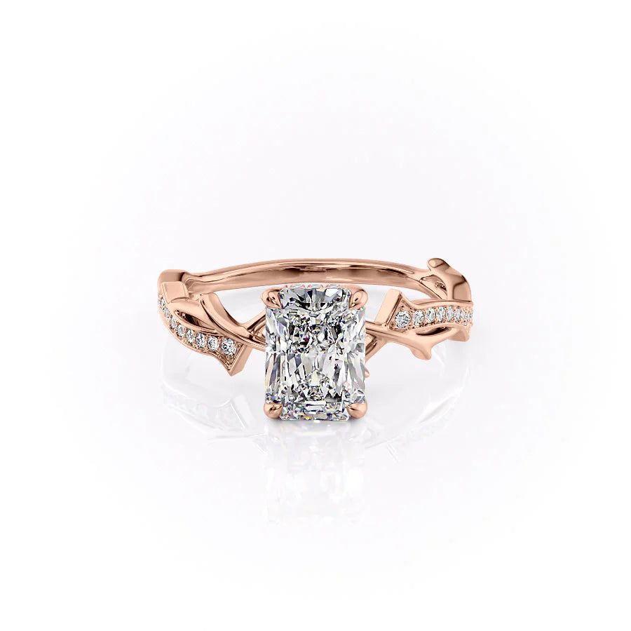 Celestia Arc 2.26 Carat VVS Lab-Grown Radiant Three Stone Pavé Engagement Ring in 18K Rose Gold Front View
