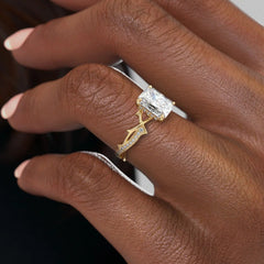 Celestia Arc 2.26 Carat VVS Lab-Grown Radiant Three Stone Pavé Engagement Ring in 18K Yellow Gold Finger Side View
