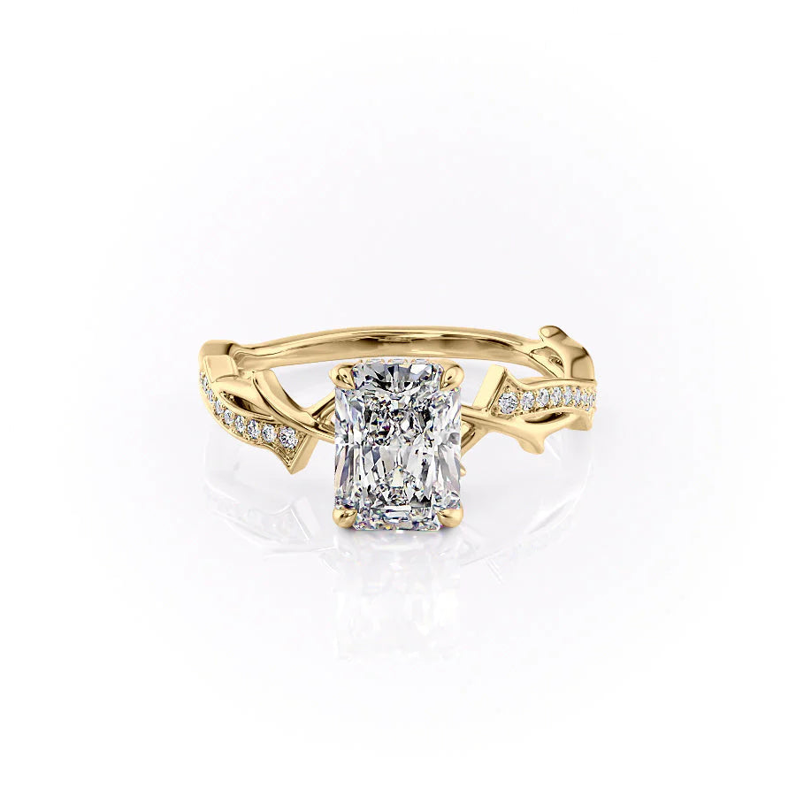 Celestia Arc 2.26 Carat VVS Lab-Grown Radiant Three Stone Pavé Engagement Ring in 18K Yellow Gold Front View