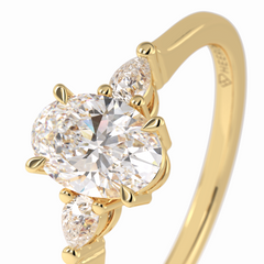 Celestial Harmony 1 Carat Oval VVS1 M oissanite Three Stone Engagement Ring in 18K Yellow Gold 