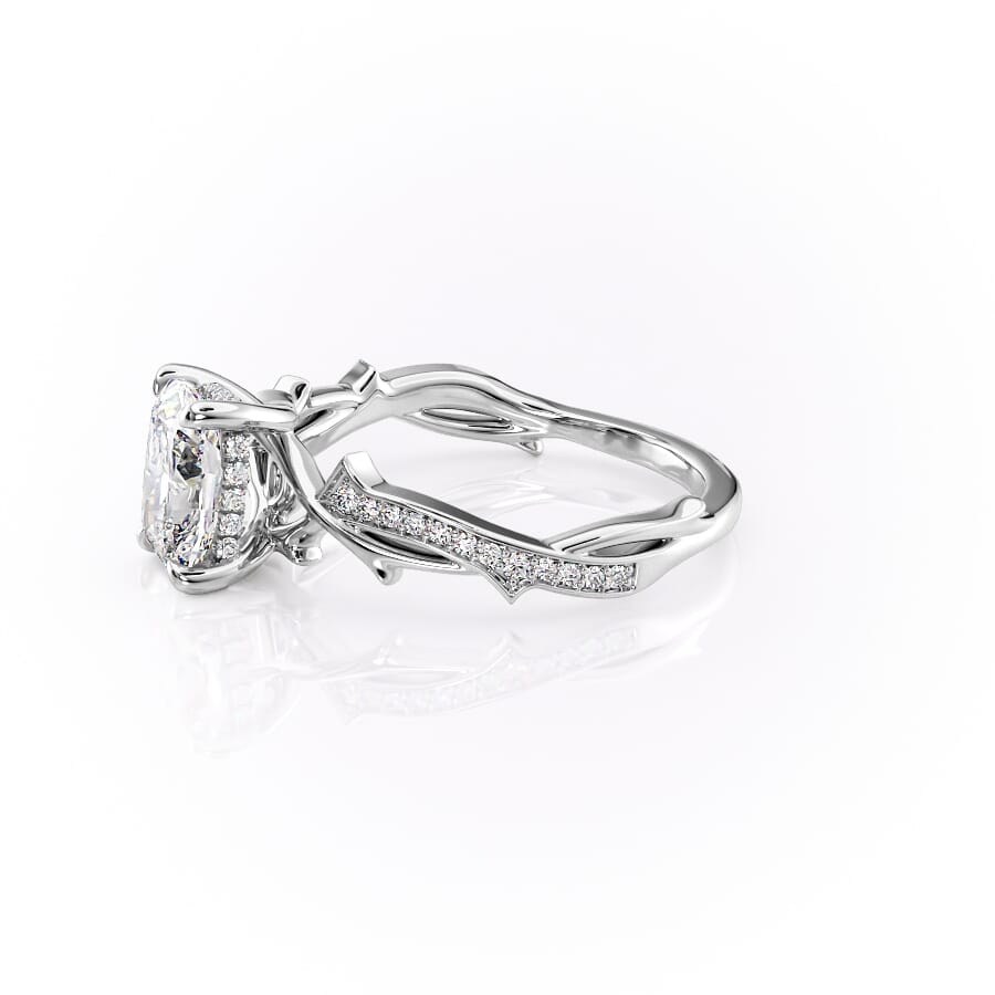 Celestial Pave 2.10 Carat VVS1 Lab-Grown Elongated Cushion Pave Three-Stone Engagement Ring in 18K White Gold Left View