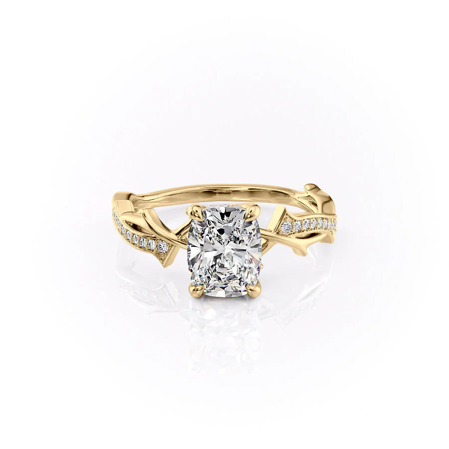 Celestial Pave 2.10 Carat VVS1 Lab-Grown Elongated Cushion Pave Three-Stone Engagement Ring in 18K Yellow Gold Front View