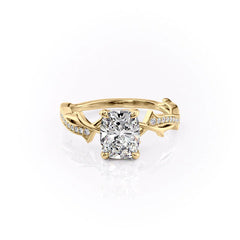 Celestial Pave 2.10 Carat VVS1 Lab-Grown Elongated Cushion Pave Three-Stone Engagement Ring in 18K Yellow Gold Front View