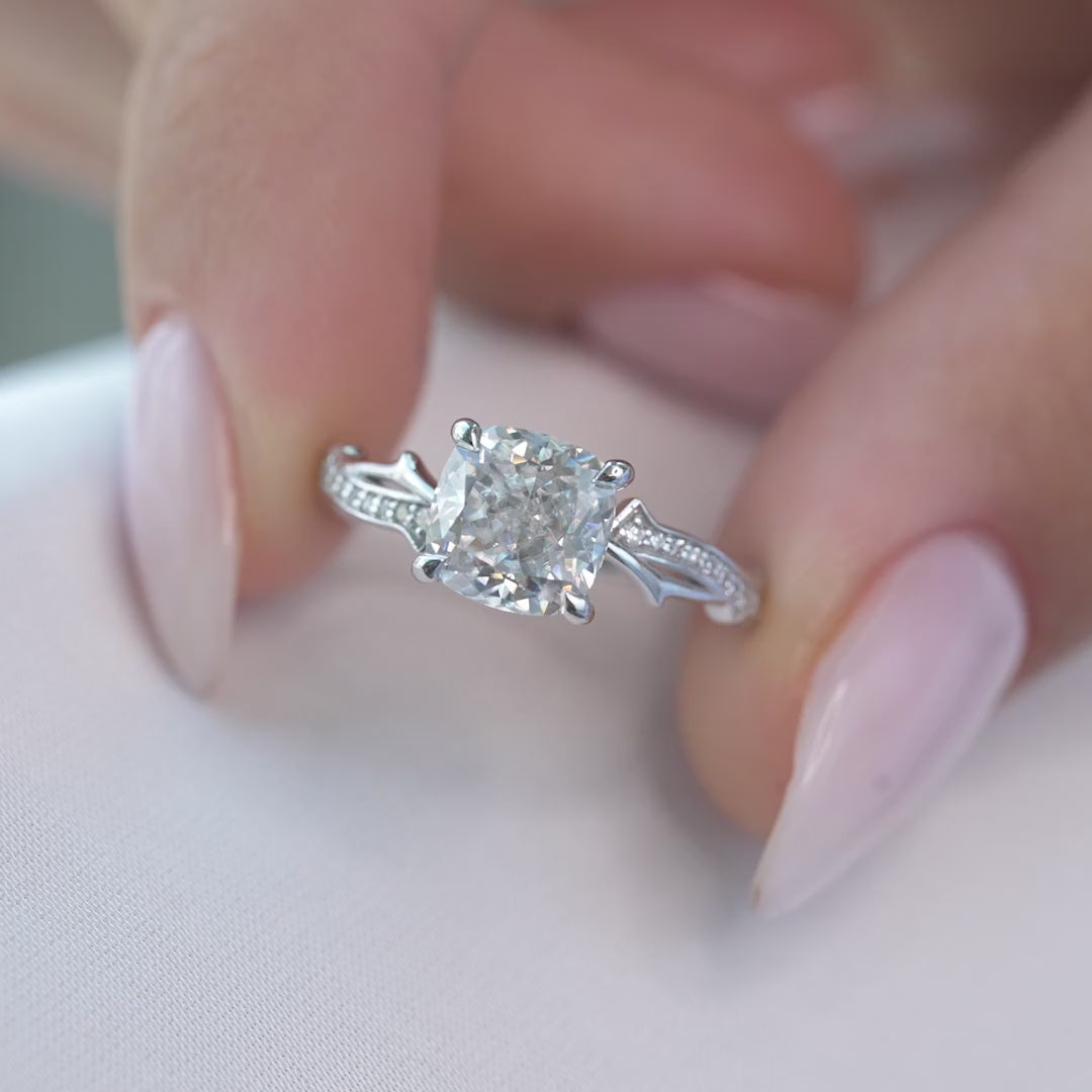 Celestial Radiance 2 Carat VVS1 Lab-Grown Cushion Pave Engagement Ring in 18K White Gold Front Closeup View