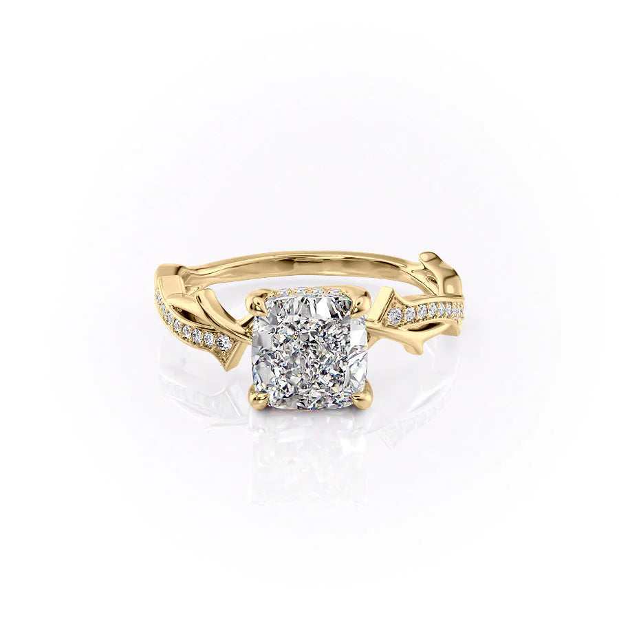 Celestial Radiance 2 Carat VVS1 Lab-Grown Cushion Pave Engagement Ring in 18K Yellow Gold Front View
