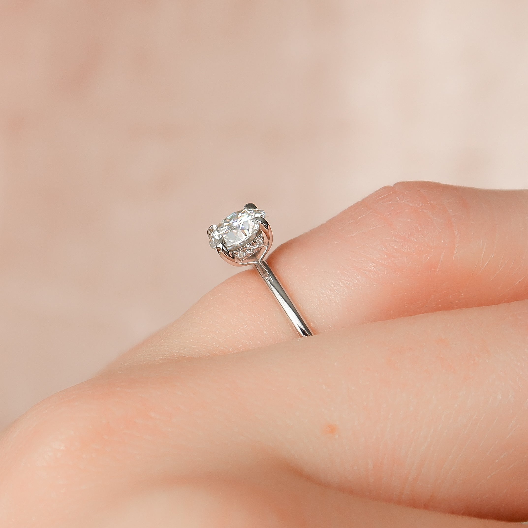 Celestial Whisper 2 Carat VVS1 Lab-Grown Hidden Halo Engagement Ring 18K White Gold Closeup Finger View