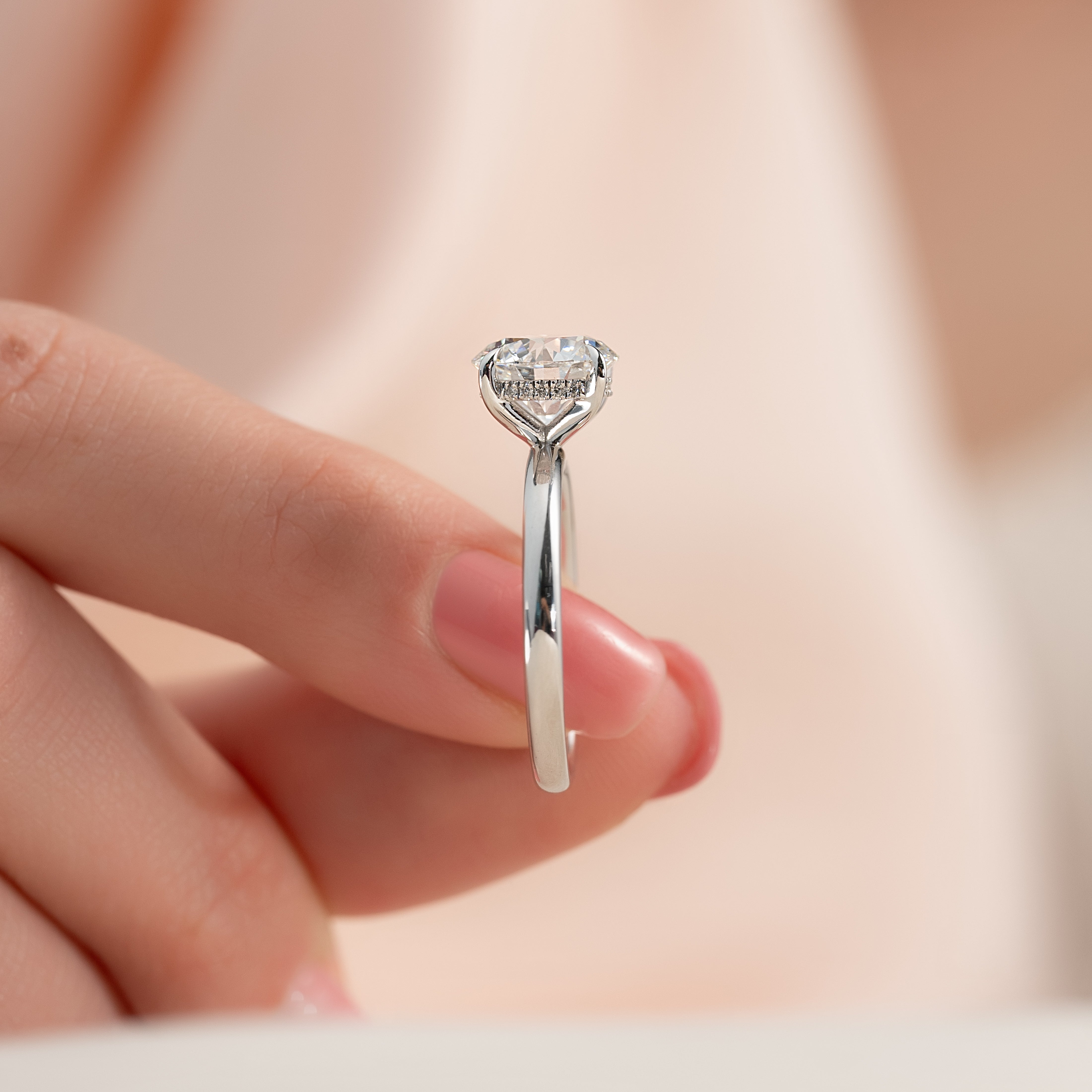 Celestial Whisper 2 Carat VVS1 Lab-Grown Hidden Halo Engagement Ring 18K White Gold Closeup Finger View_2