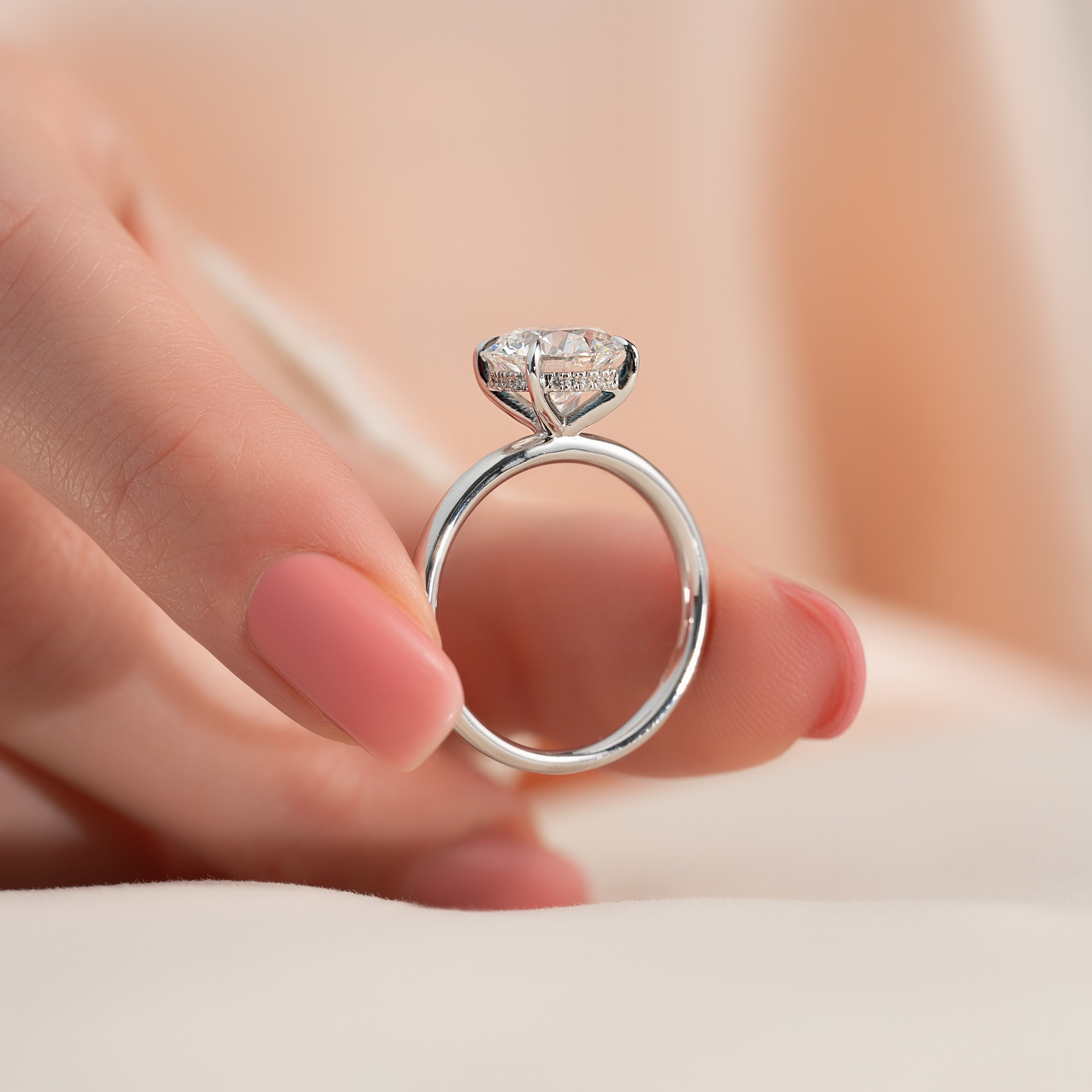 Celestial Whisper 2 Carat VVS1 Lab-Grown Hidden Halo Engagement Ring 18K White Gold Closeup Finger View_3