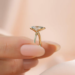 Classic Bezel 2.04 Carat VVS1 Lab-Grown Elongated Cushion Engagement Ring in 18K Yellow Gold Down Standing View On Hand