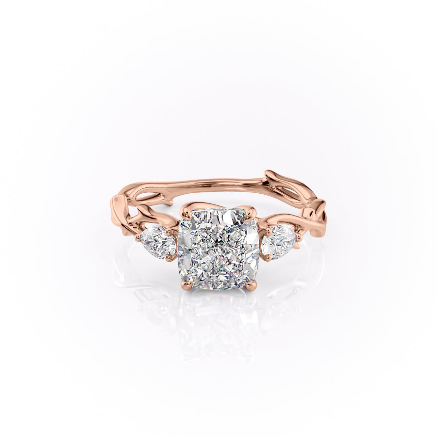 Classic Radiance 1 Carat VVS1 Lab-Grown Cushion Three Stone Engagement Ring in 18K Rose Gold Front View