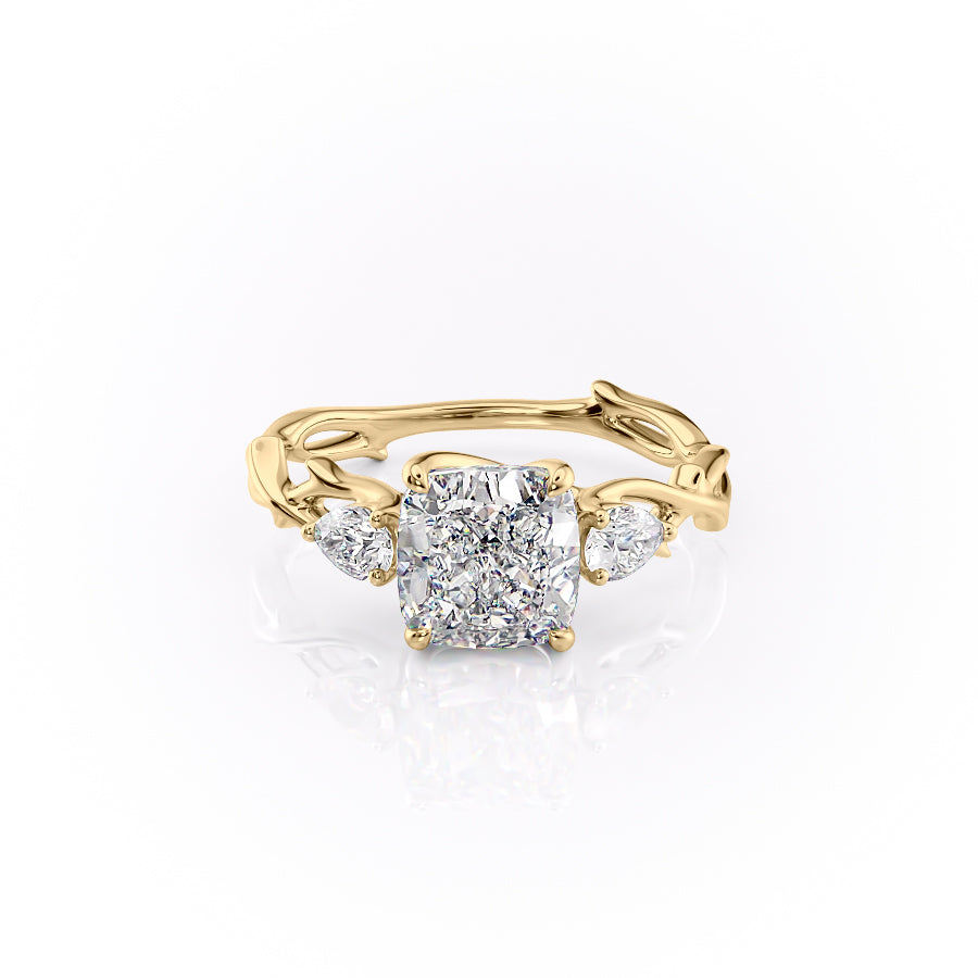 Classic Radiance 1 Carat VVS1 Lab-Grown Cushion Three Stone Engagement Ring in 18K Yellow Gold Front View