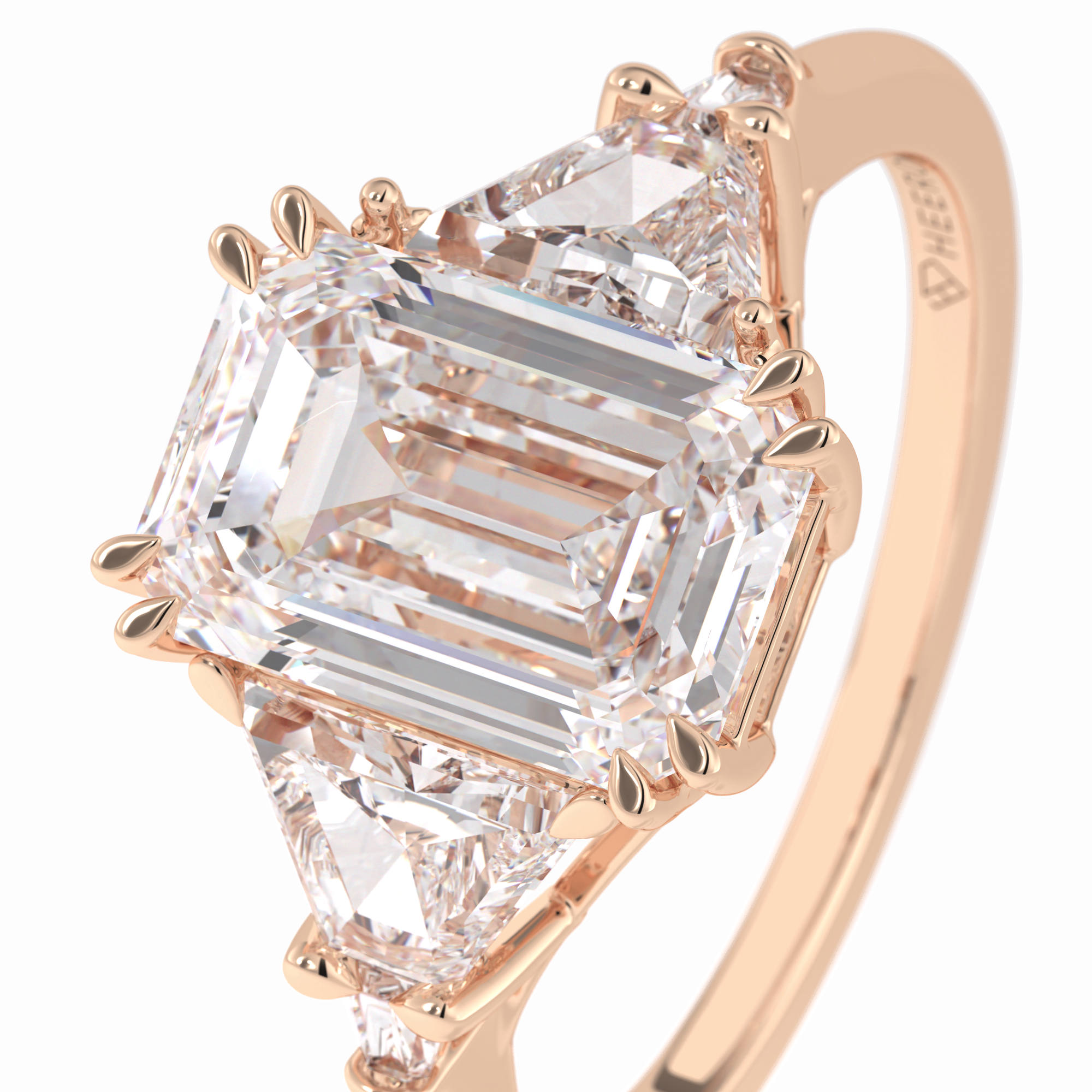 Crown 1.90 Carat Emerald VVS1 Lab-Grown Three Stone Engagement Ring in 18K Rose Gold