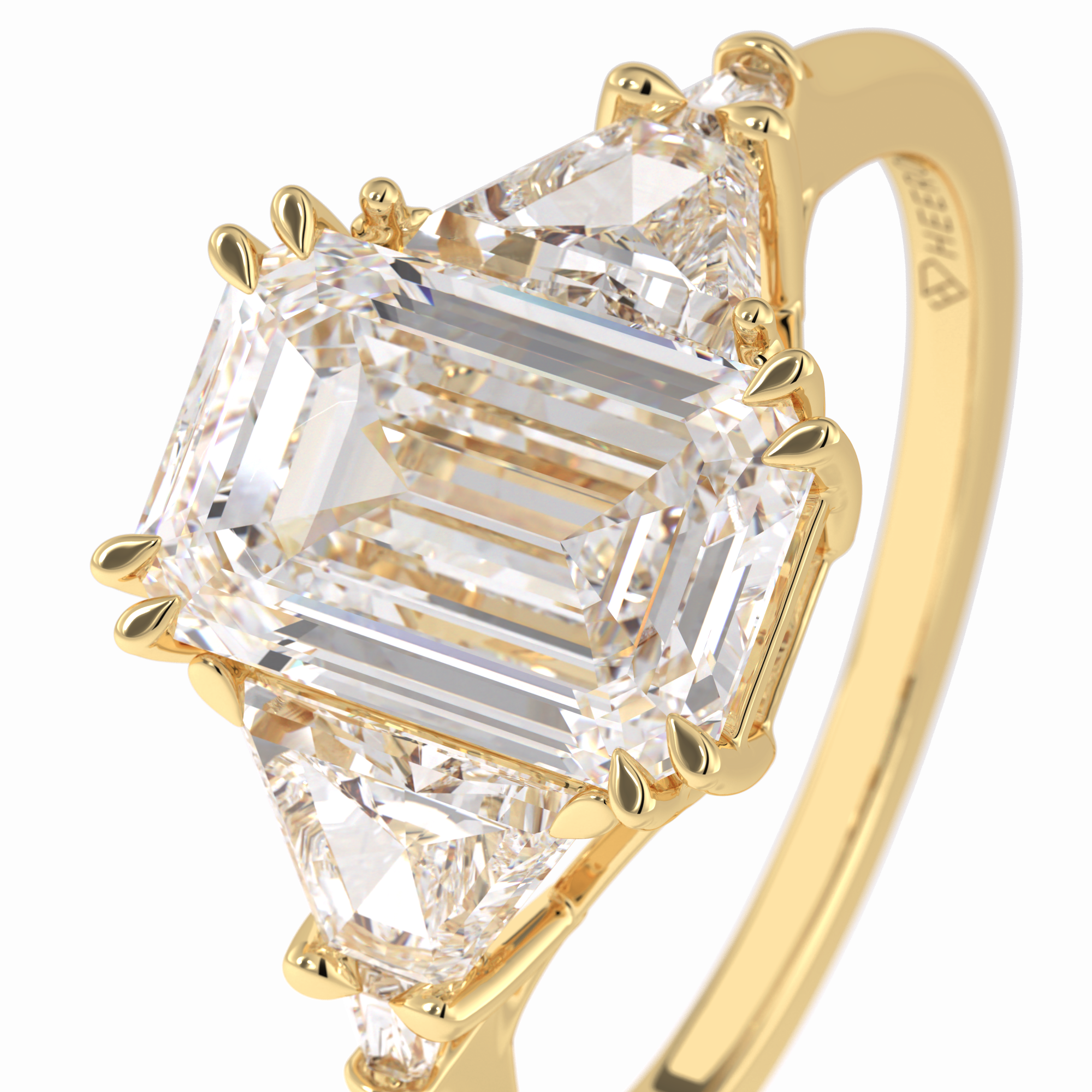 Crown 1.90 Carat Emerald VVS1 Lab-Grown Three Stone Engagement Ring in 18K Yellow Gold