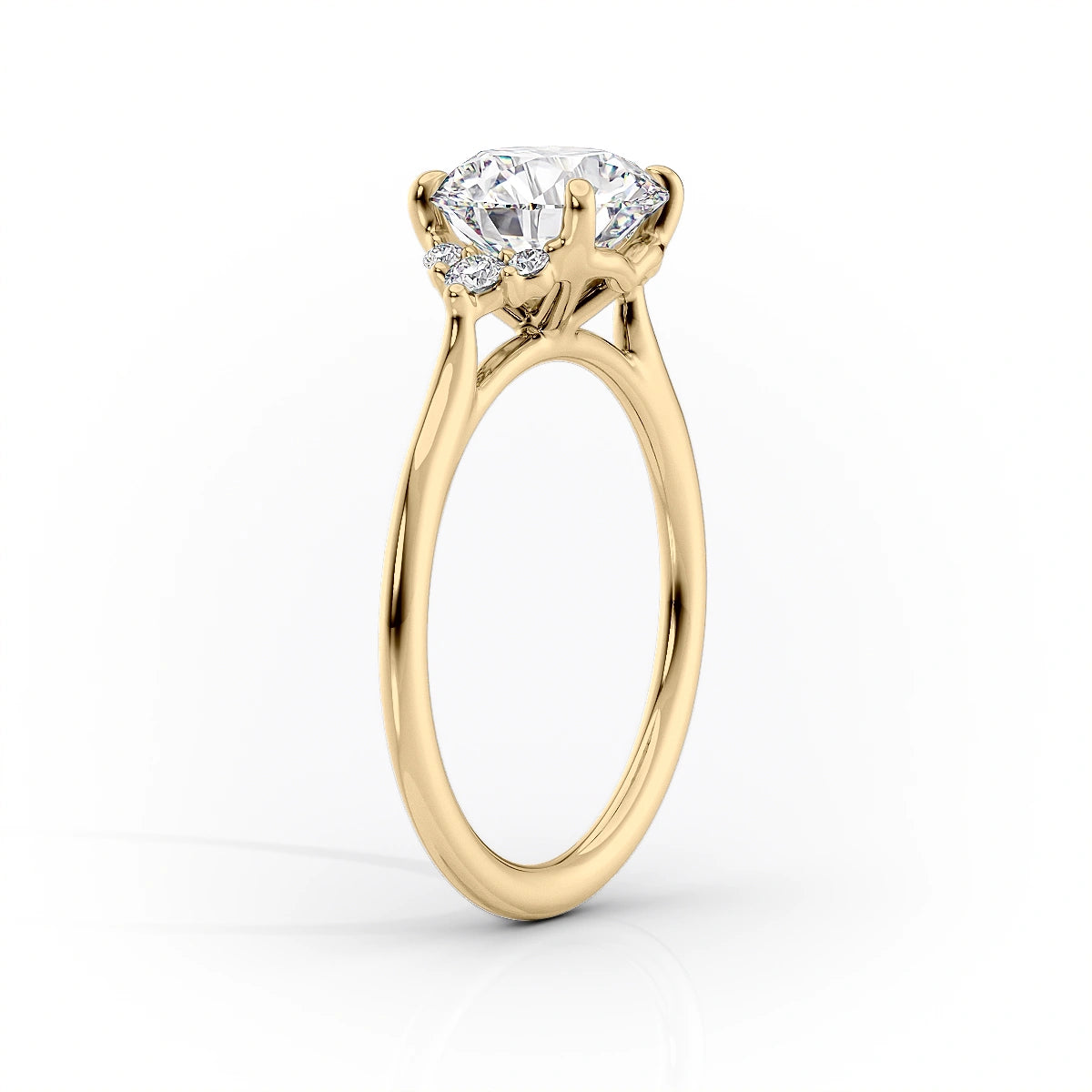 Cushion Harmony 1.57 Carat VVS1 Lab-Grown Three Stone Engagement Ring in 18K Yellow Gold Standing View