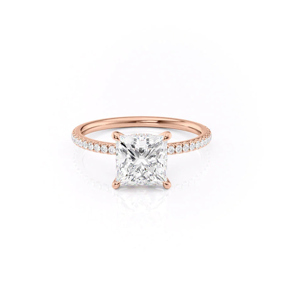 Dawn Radiance 2.17 Carat VVS1 Lab-Grown Princess Hidden Halo Pave Engagement Ring in 18K Rose Gold Front View