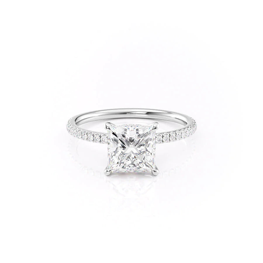 Dawn Radiance 2.17 Carat VVS1 Lab-Grown Princess Hidden Halo Pave Engagement Ring in 18K White Gold Front View