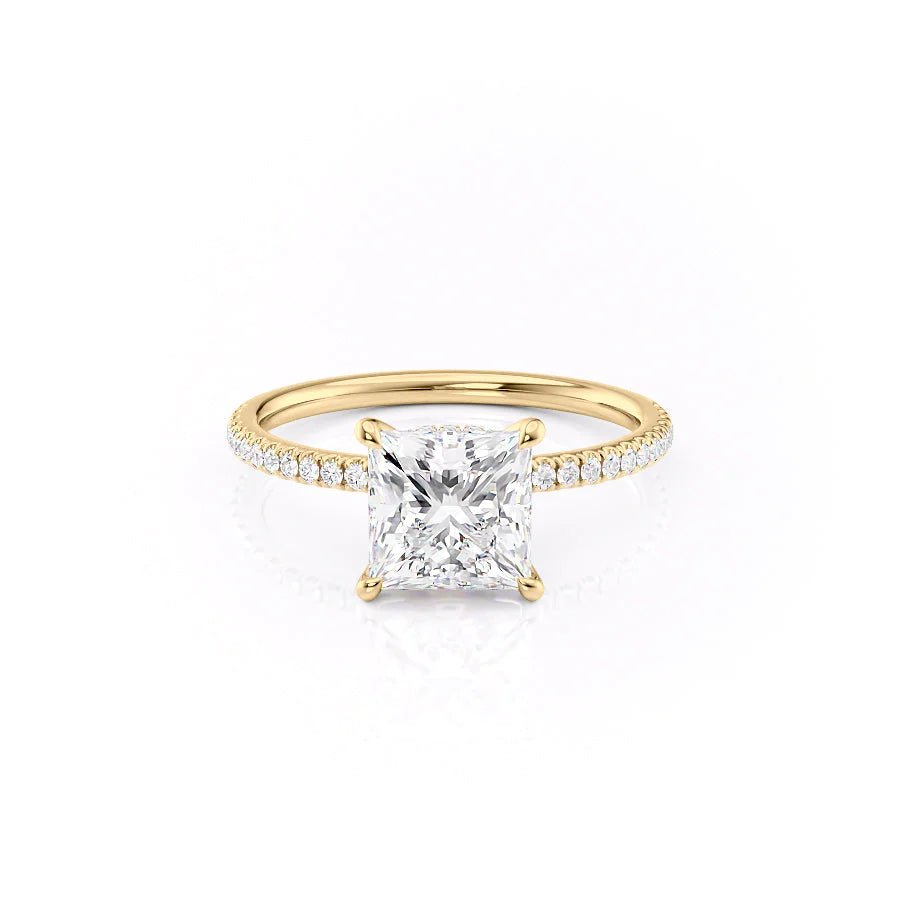 Dawn Radiance 2.17 Carat VVS1 Lab-Grown Princess Hidden Halo Pave Engagement Ring in 18K Yellow Gold Front View