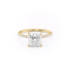 Dawn Radiance 2.17 Carat VVS1 Lab-Grown Princess Hidden Halo Pave Engagement Ring in 18K Yellow Gold Front View
