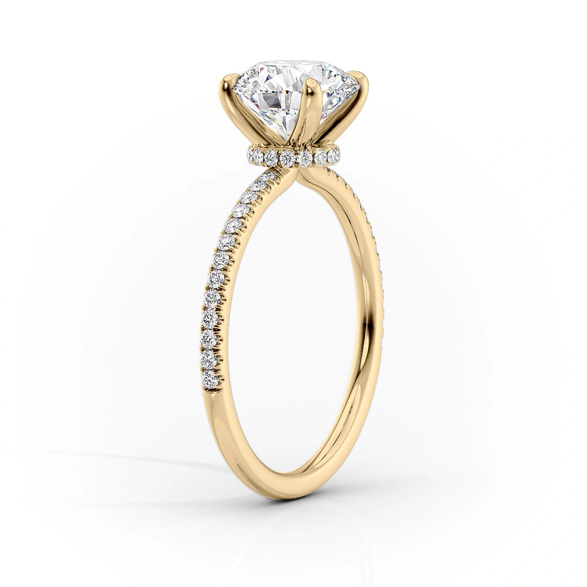 Dawn Radiance 2.17 Carat VVS1 Lab-Grown Princess Hidden Halo Pave Engagement Ring in 18K Yellow Gold Standing View