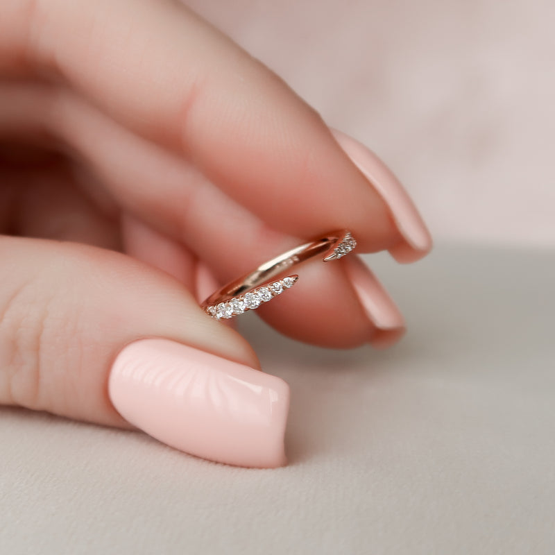 Dawn Splendor VVS1 Lab-Grown Half Eternity Wedding Ring in 18K Rose Gold Closeup Finger View