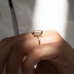 Deco Poise 1.39 Carat VVS Lab-Grown Emerald Hidden Halo Engagement Ring in 18K Yellow Gold Finger Side View 