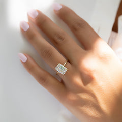 Deco Poise 1.39 Carat VVS Lab-Grown Emerald Hidden Halo Engagement Ring in 18K Yellow Gold Finger View 