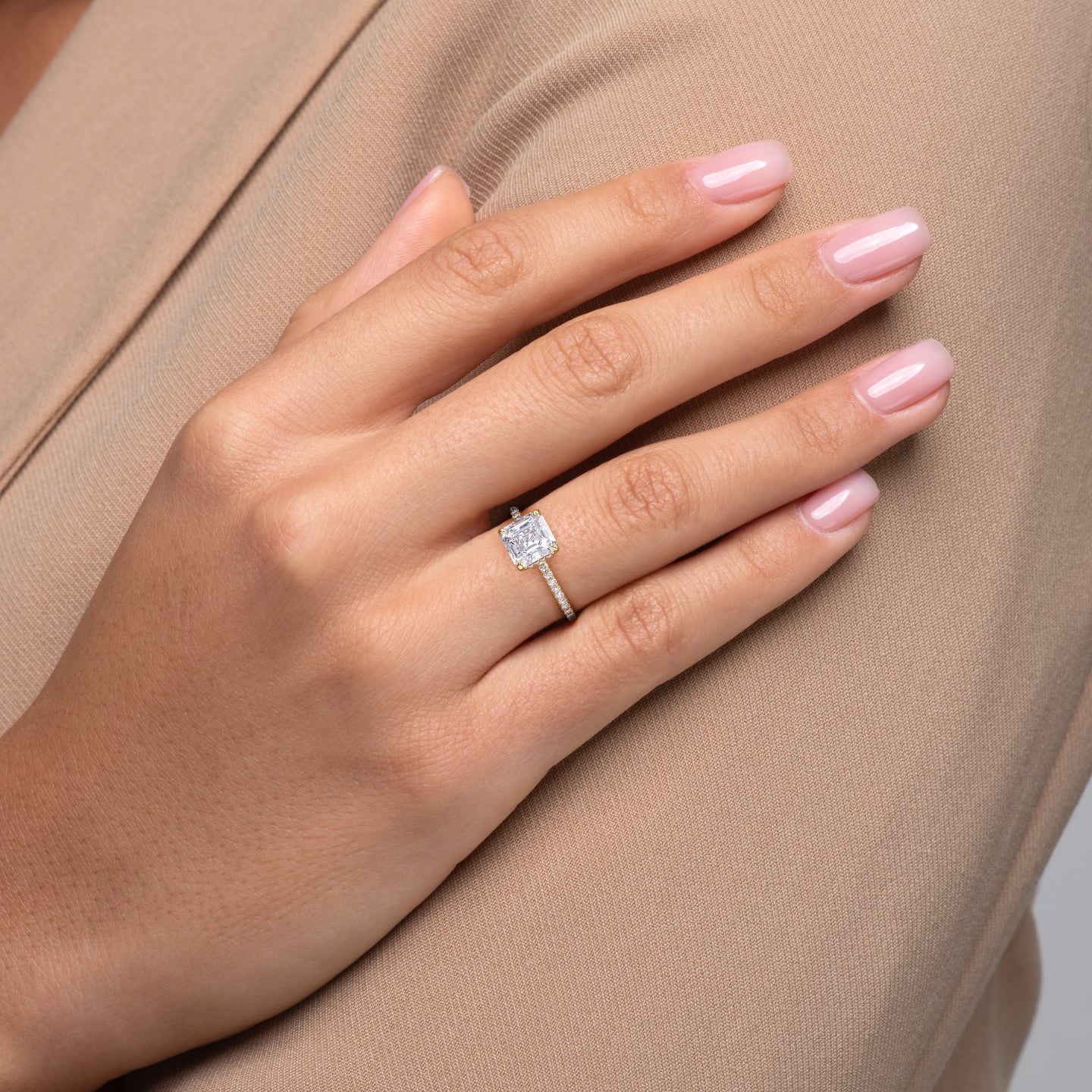 Echelon 1.94 Carat VVS Lab-Grown Asscher Hidden Halo Pave Engagement Ring in 18K Rose Gold Yellow Gold Hand View